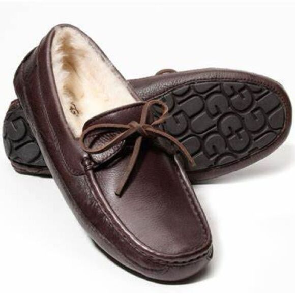 UGG Byron Chocolate Brown Leather Shearling Lined Driving Moccasins Slippers - Picture 8 of 10